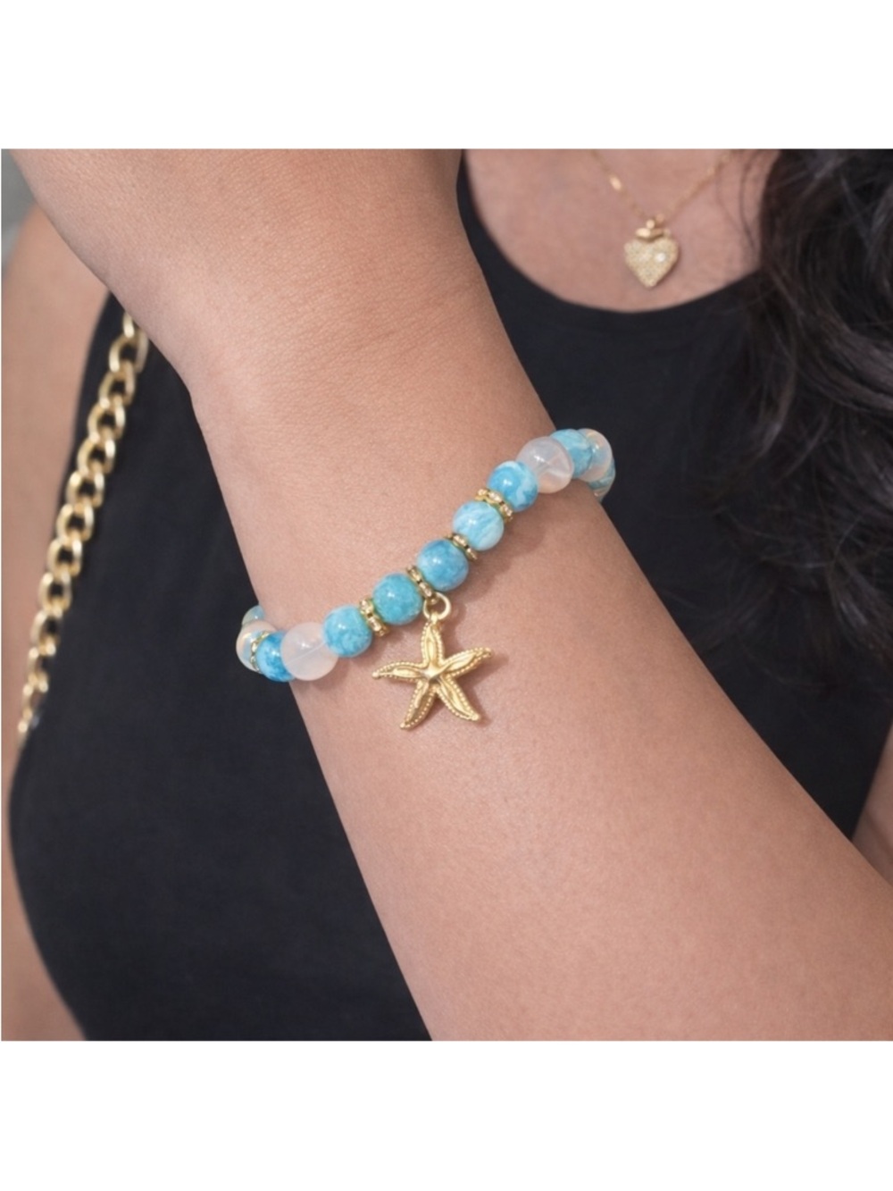 Pebbled Light Blue Wristlet Clutch with Gold Chain Strap - Picture 3 of 4